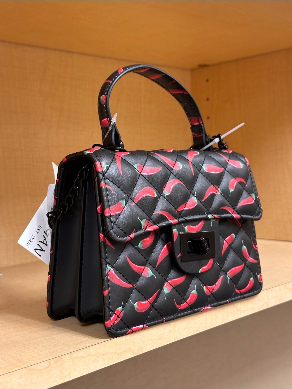 Vegan Black Chili Pepper Print Crossbody Purse Handbag Bag with Chili Charm NWT